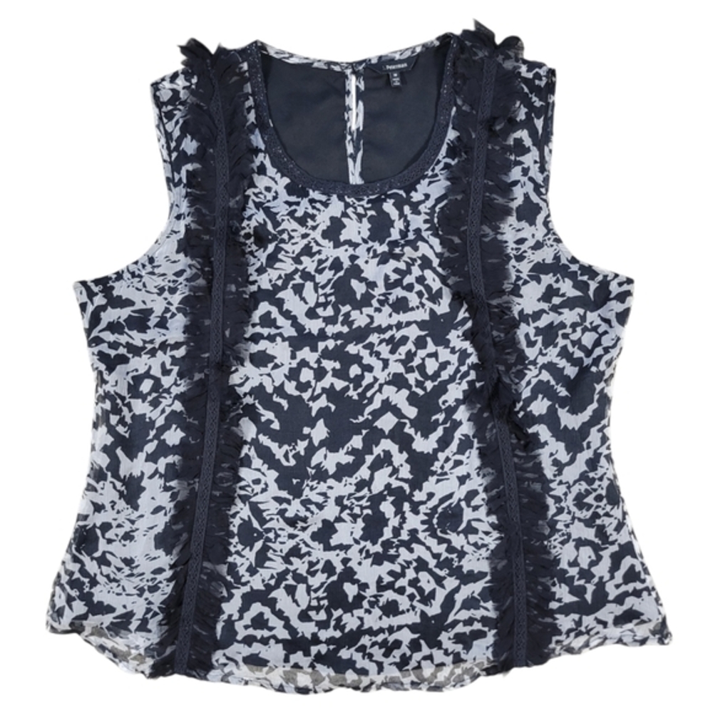 J. Peterman Co Silk Blouse Womens 18 Black Gray Frilly Sleeveless Top Feminine